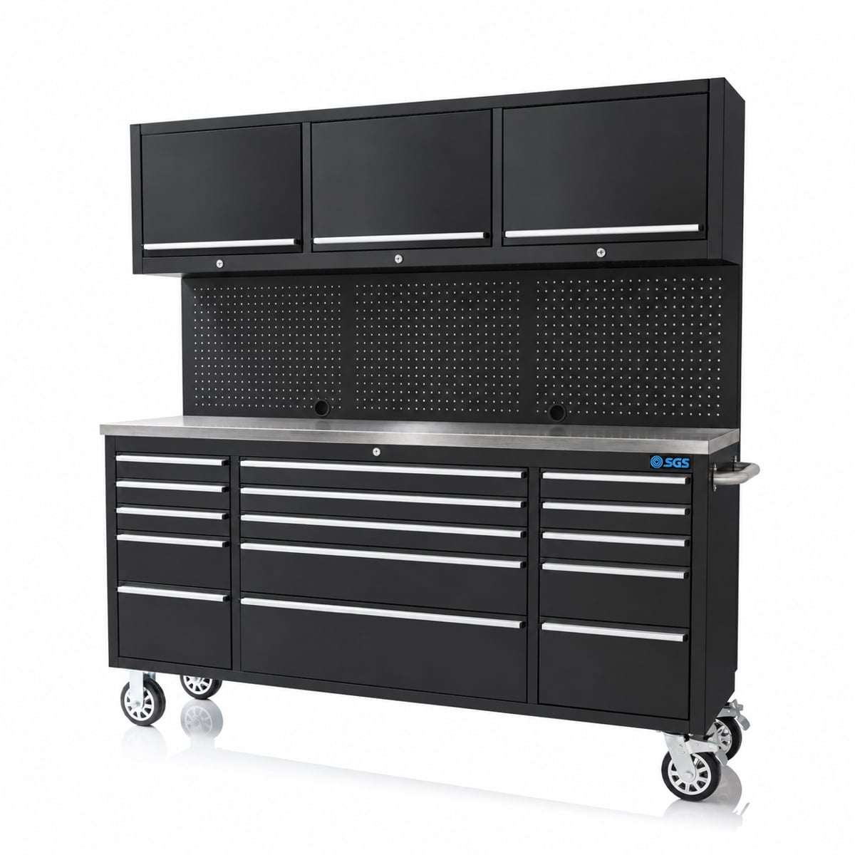 SGS 72in Black 15 Drawer Mobile Workstation | Pegboard | 3x Upper Cabinets